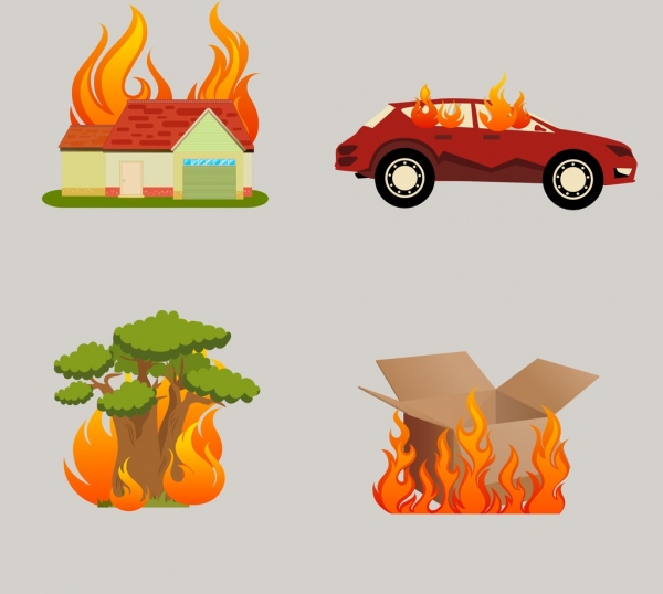 burnt objects isolation car house tree box icons