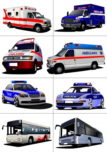 vehicles icons modern 3d ambulance police bus sketch