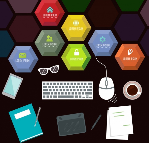 business backdrop modern tools icons colorful polygonal decor