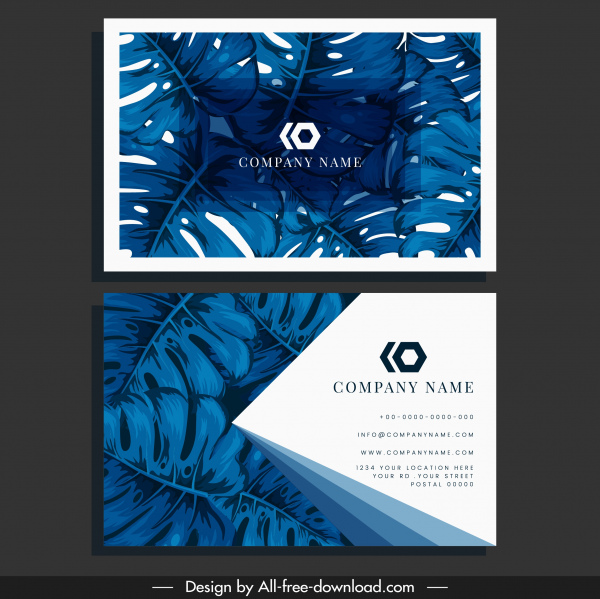 business card template blue leaves decor