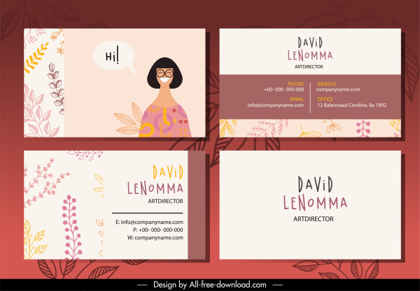 business card template classic leaves woman icon decor