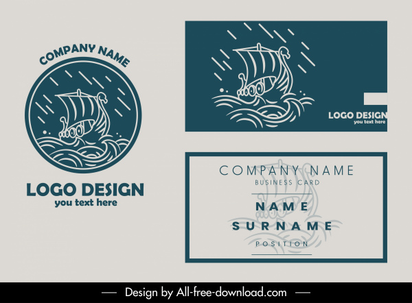 business card template stormy sea logotype dynamic handdrawn