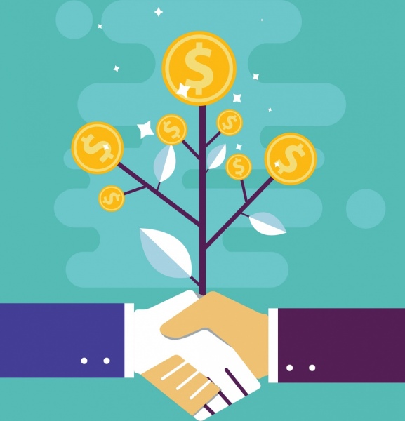 business cooperation concept background coins tree handshake icons