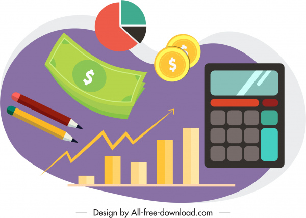 business elements icons money coin calculator charts sketch
