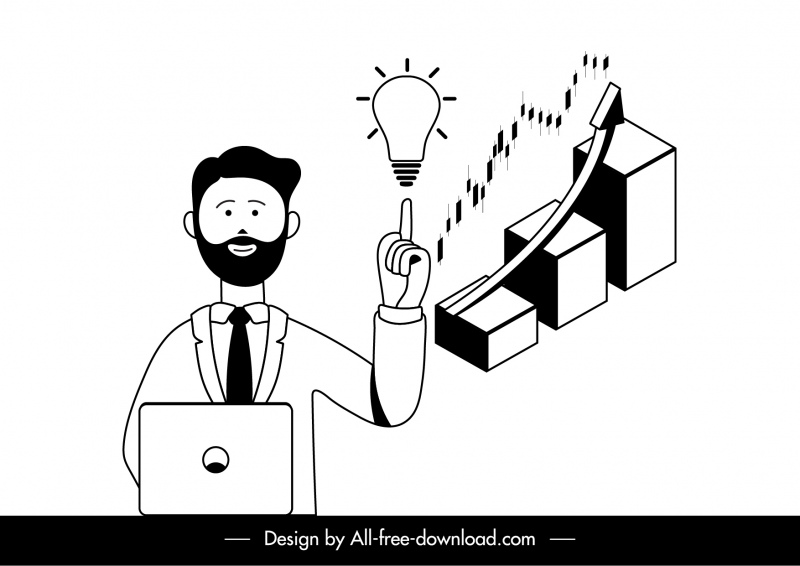 business idea concept icon businessman lightbulb column chart sketch black white cartoon