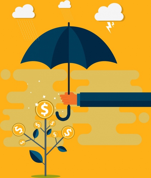 business protection background coins tree umbrella weather elements
