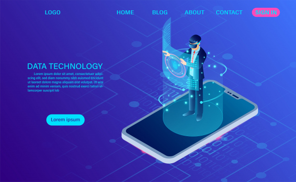 businessman wearing goggle vr standing on mobile with touching interface into virtual reality world future technology flat isometric web header template flat isometric vector illustration