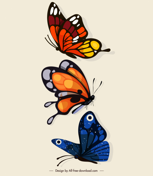 butterflies icons dynamic flying sketch colorful design