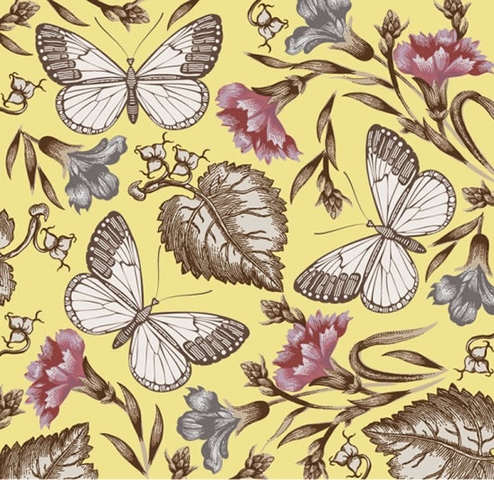 Nature elements pattern elegant classical botany butterflies decor ...
