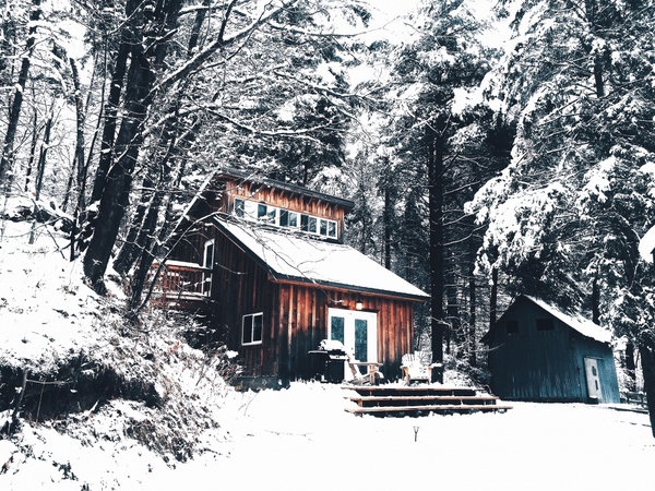 cabin chalet cold cottage evergreen forest frozen