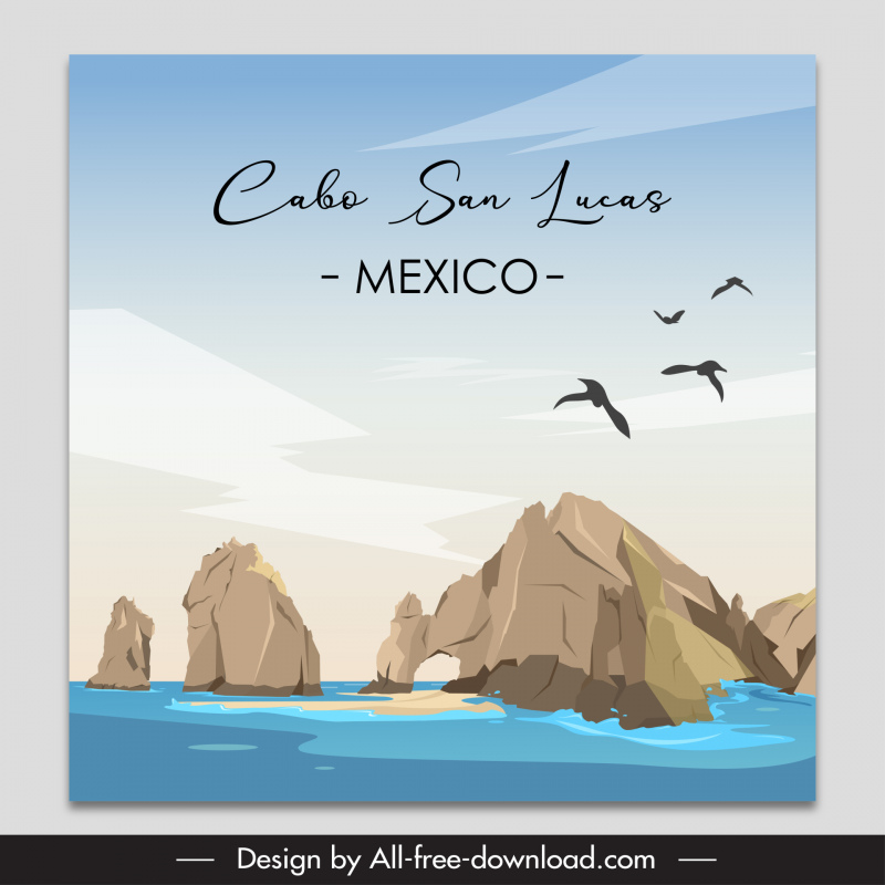 cabo san lucas mexico advertising banner template dynamic bird rock beach scene sketch