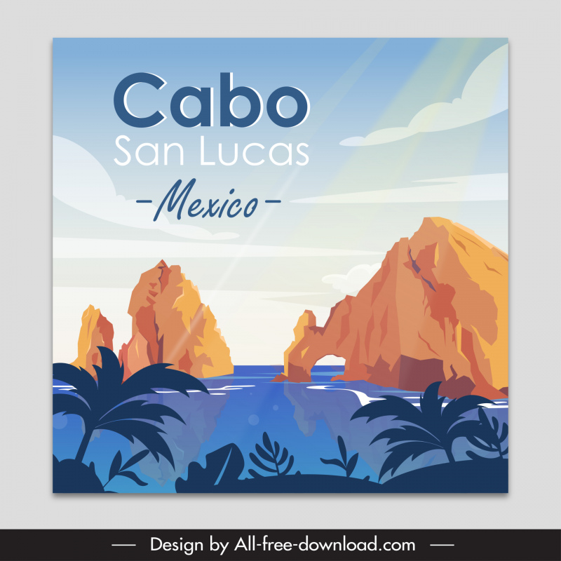 cabo san lucas mexico tourism advertising poster template beach scene sketch 
