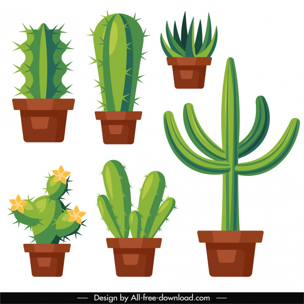 cactus flowerpot icons colored flat sketch