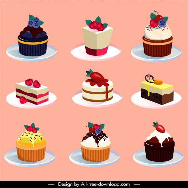 cake dessert icons colorful fruity decor