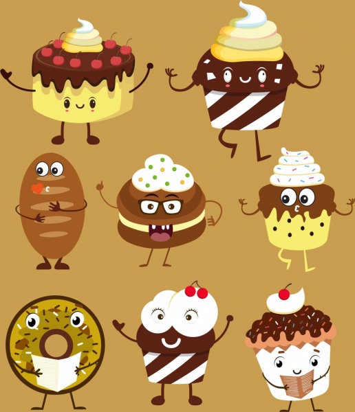 cakes icons collection cute stylized design
