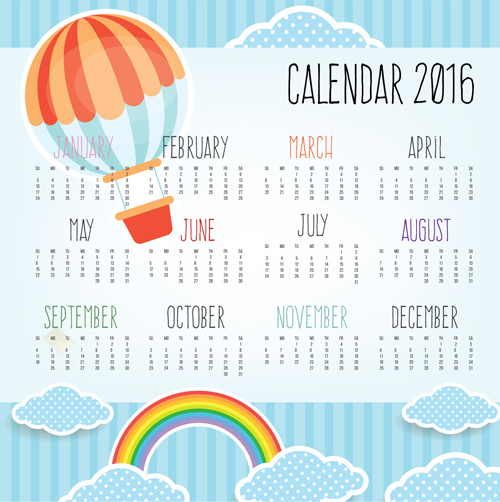 calendar16 and hot balloon rainbow with cloud vector