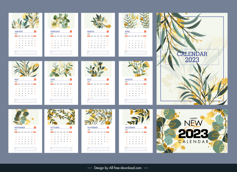 calendar 2023  backdrop template elegant classical handdrawn leaves decor 