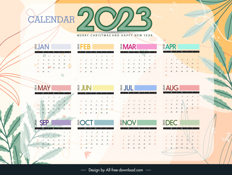 calendar 2023 backdrop template elegant leaves sketch classic design 