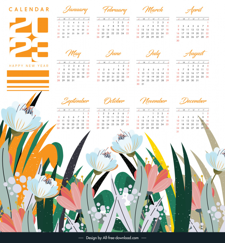calendar 2023 background template elegant flowers design