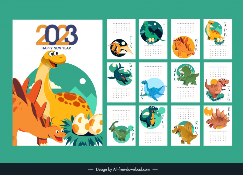 calendar 2023 template cute cartoon dinosaurs sketch