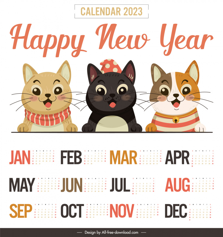 calendar 2023 template cute cartoon kitties sketch