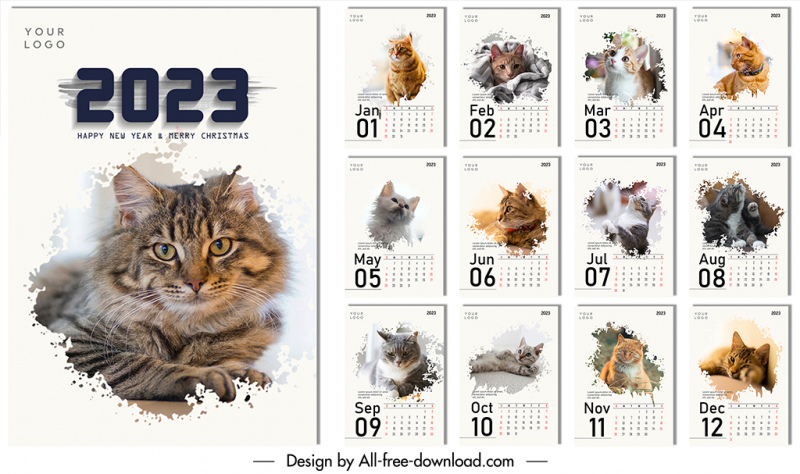 calendar 2023 template cute realistic cat species sketch