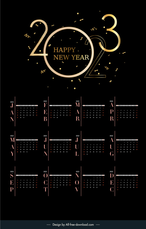 calendar 2023 template dark modern dynamic elegant confetti decor