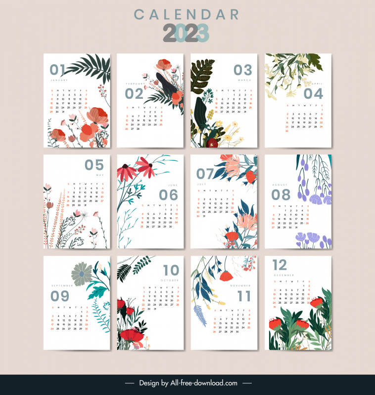 calendar 2023 template elegant classical floral decor