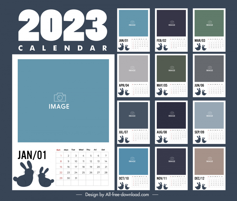 calendar 2023 template simple plain design silhouette rabbits decor