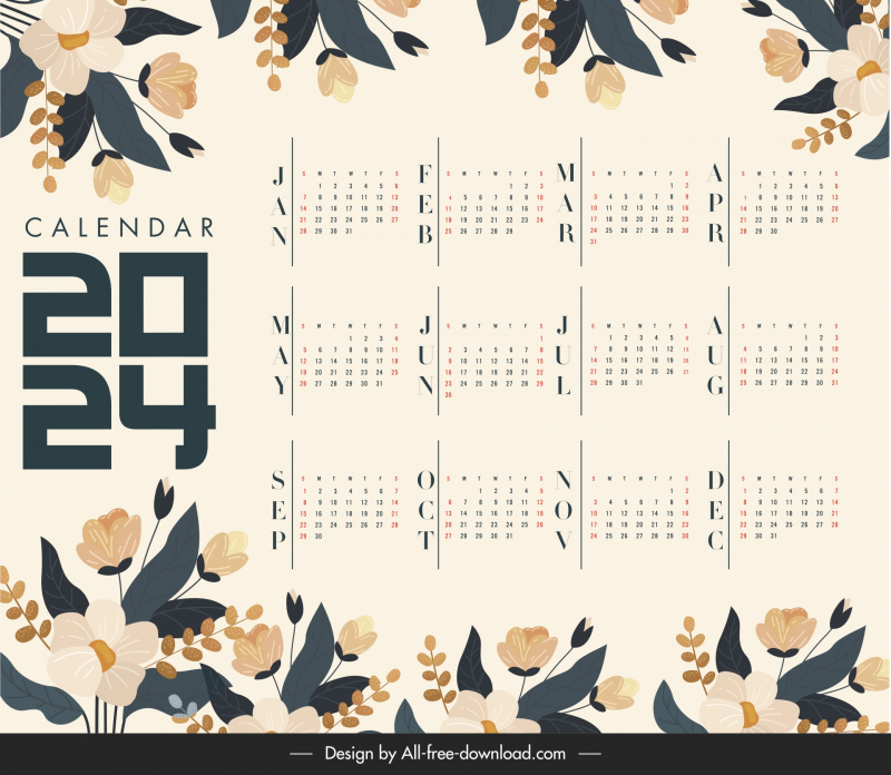 calendar 2024  template elegant classical flowers