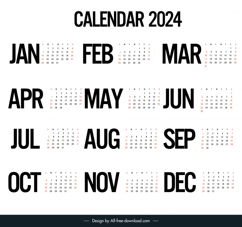 calendar 2024 template flat simple black white texts
