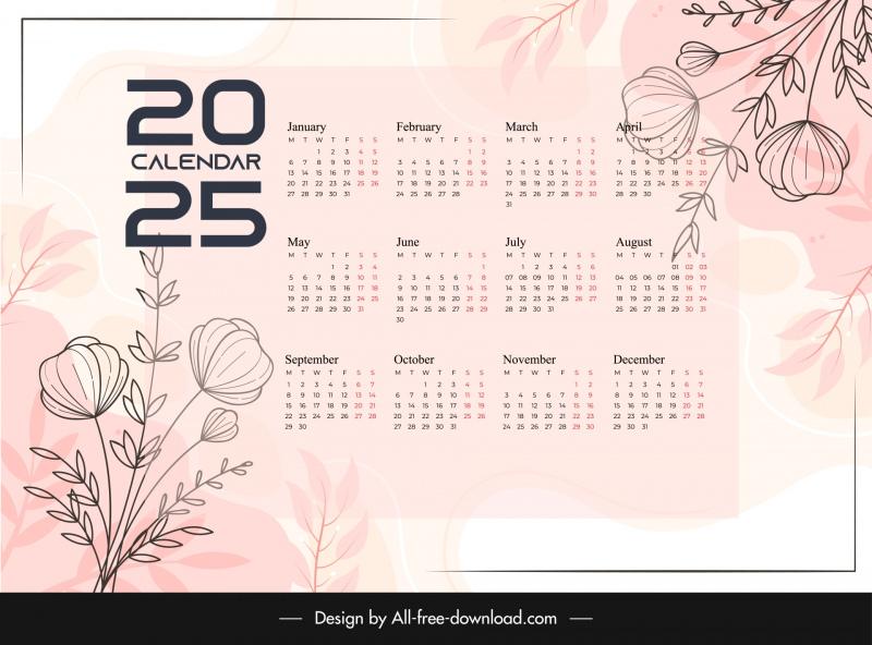 Calendar 2025 template classic handdrawn flowers Vectors images graphic