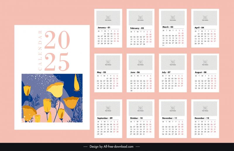 Calendar 2025 template elegant classic flowers Vectors images graphic