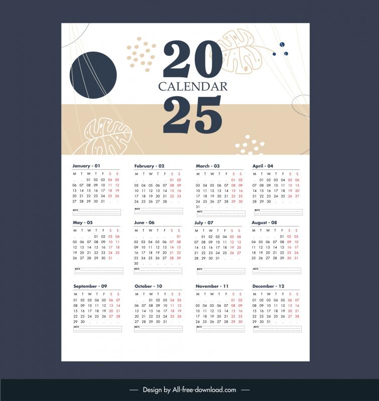 Calendar 2025 template flat handdrawn leaves Vectors images graphic art