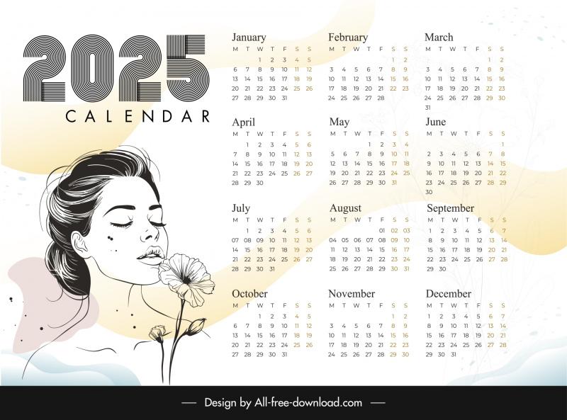 Calendar 2025 template handdrawn classic lady flowers Vectors images ...