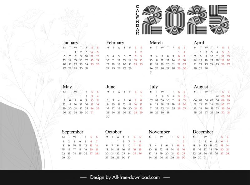 Calendar 2025 template retro blurred handdrawn trees Vectors images