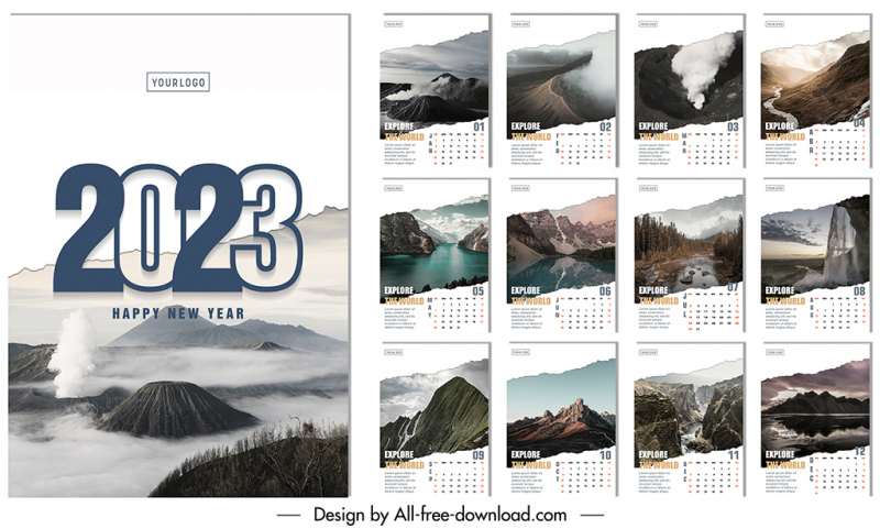 calendar explore the world 2023 templates modern natural scenery sketch
