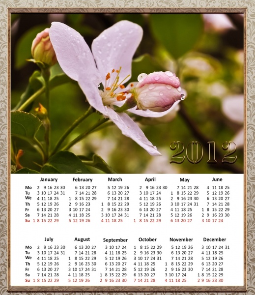 calendar for 2012