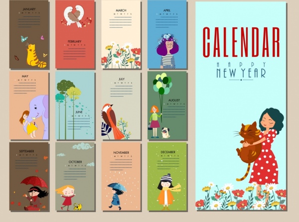 calendar templates woman animals flowers icons cartoon design