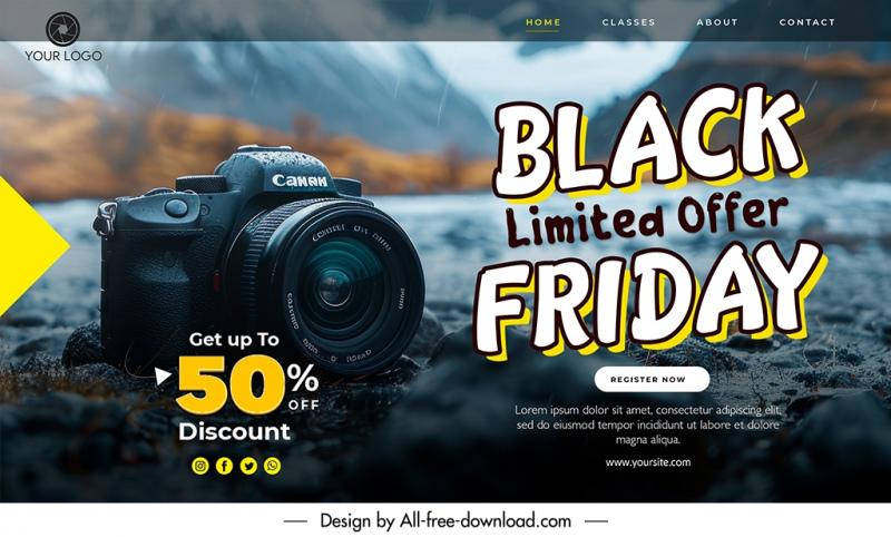 camera discount landing page template elegant contrast closeup mountain scene 