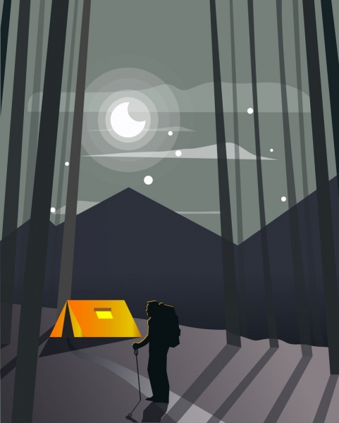 camping background moonlight tent hiker icons dark 3d