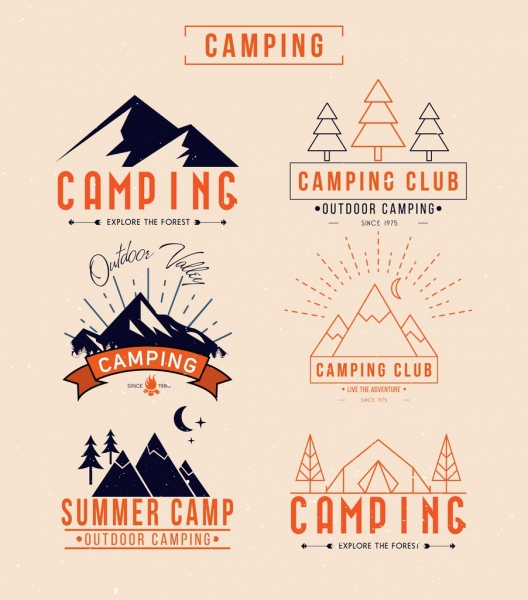 camping club logotypes mountain tree icons classical design