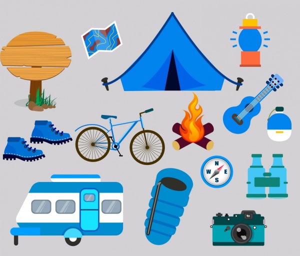 camping design elements various colored symbols isolation