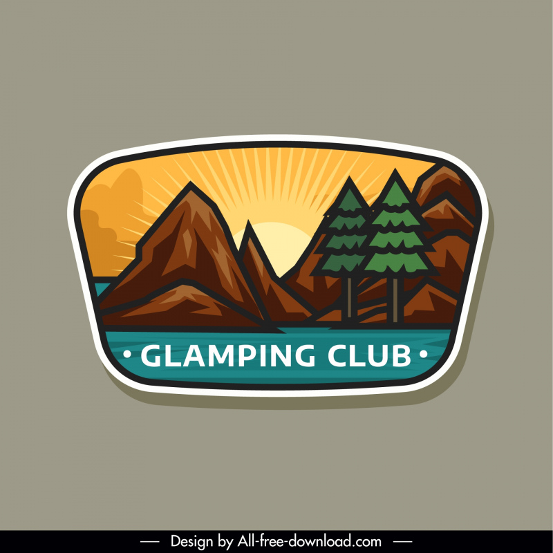 camping  label template flat classical mountain tree sun scene  