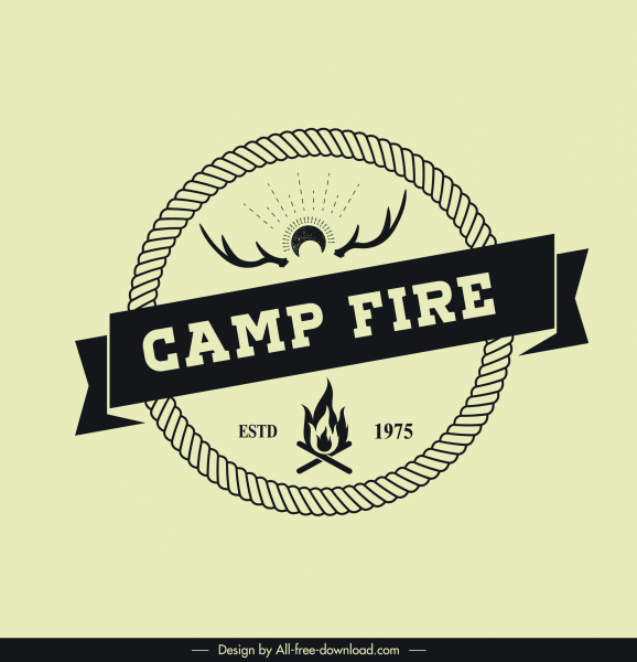 camping logotype classical circle ribbon fire antlers decor