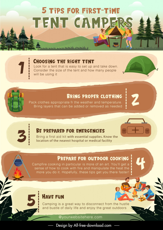 camping tips infographic template classic cartoon 