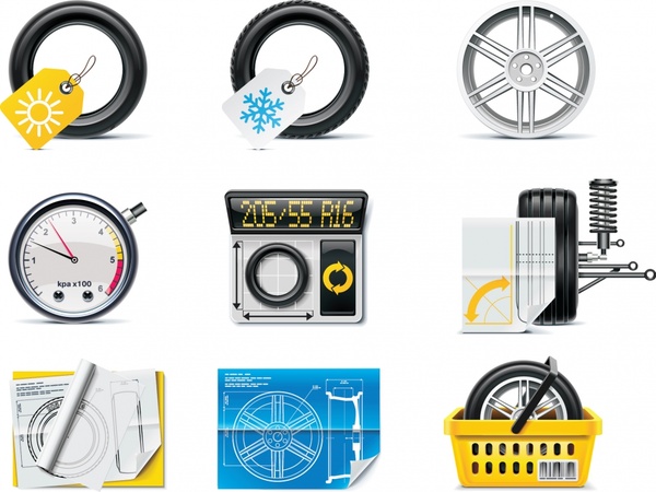 automotive accessories icons shiny colored modern sketch