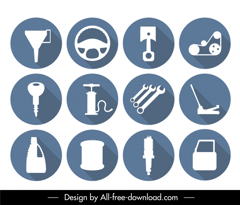car service parts icons flat silhouette symbols sketch circle isolation 