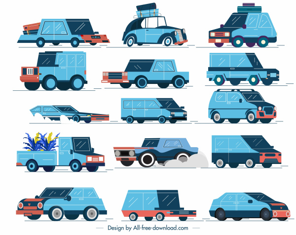 car vehicle icons colored classical 3d sketch