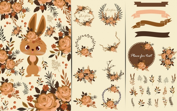 card design elements brown bunny flowers ribbon icons